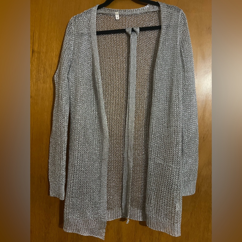 Yeshire Women's Silver Long Sleeve Open Front Knit Cardigan with Belt